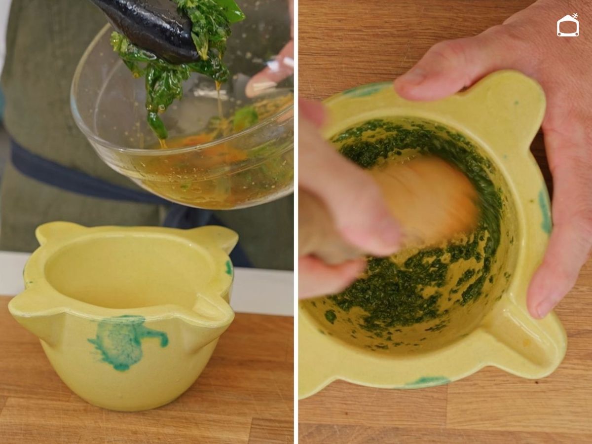 Maja las hierbas aromáticas con un chorrito de aceite