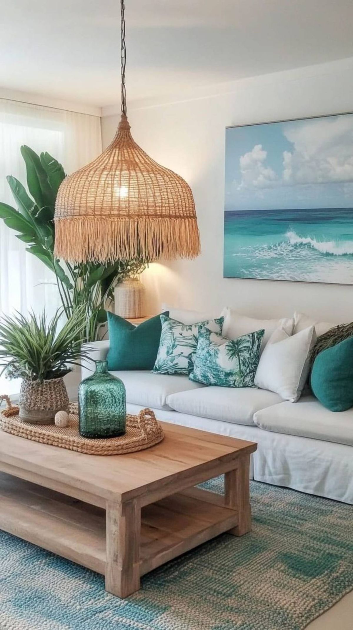 Salon veraniego con complementos turquesas y cuadro del mar.