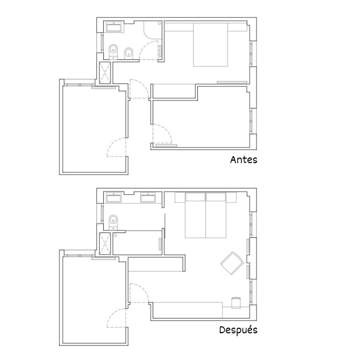 Planos del antes y después de la reforma de la habitación en suite.