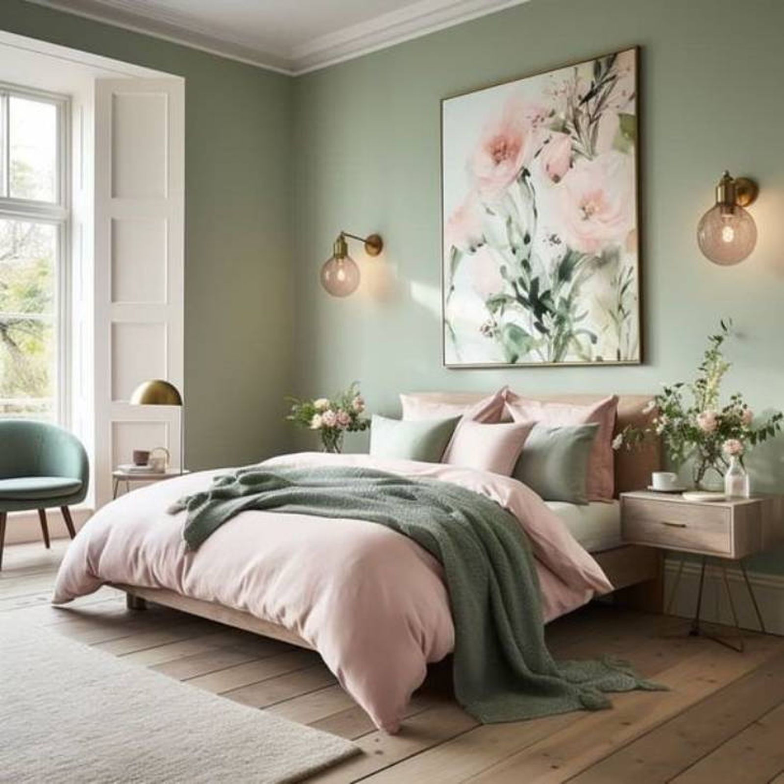 Dormitorio rosa y verde con cuadro grande floral centrado sobre el cabecero de la cama. Dormitorio rosa y verde con cuadro grande floral centrado sobre el cabecero de la cama.