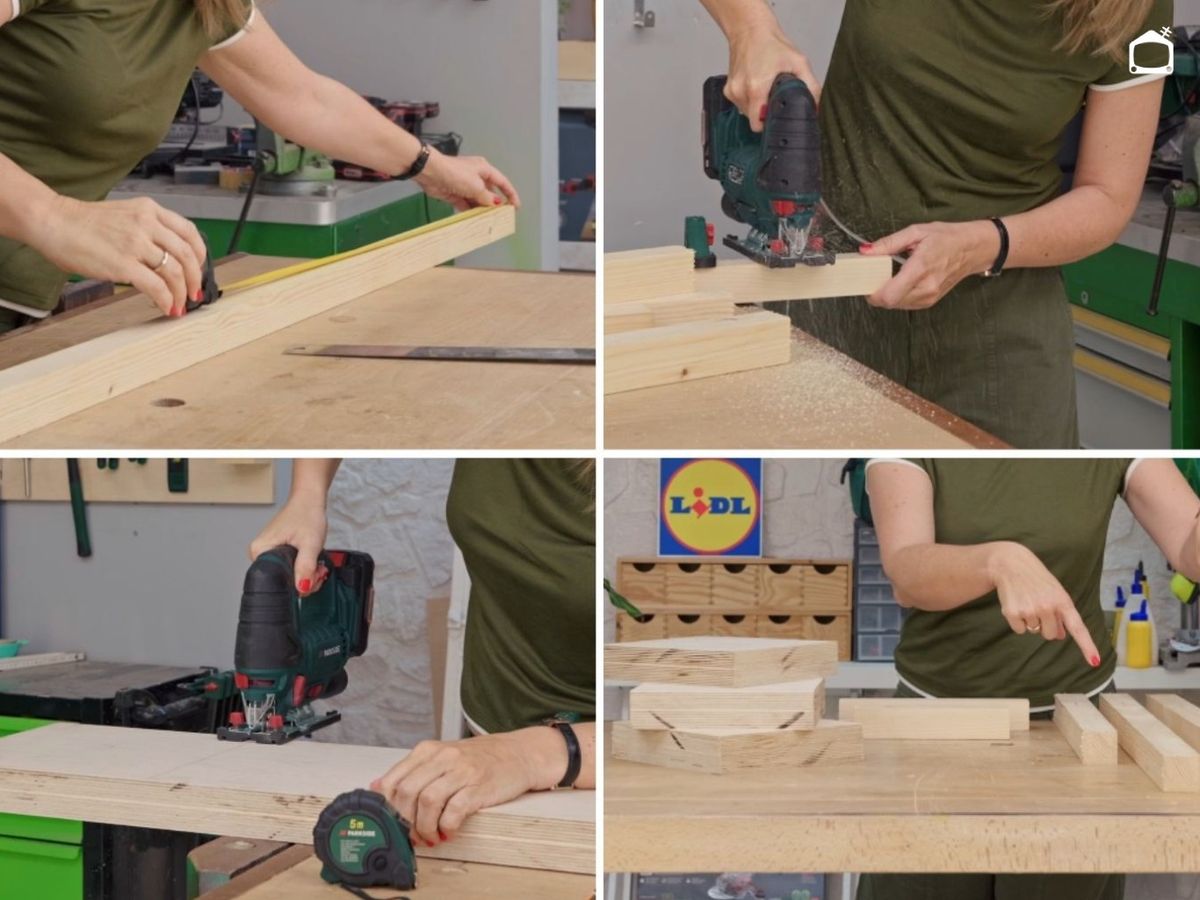 Corta la madera para las patas, los travesaños y la base