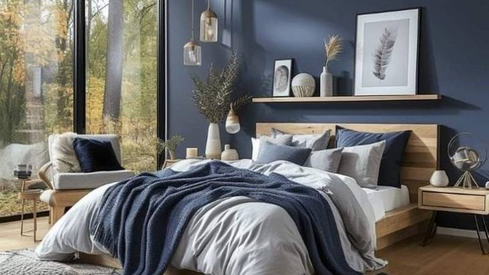 Dormitorio azul marino con repisa para cuadros y complementos. Dormitorio azul marino con repisa para cuadros y complementos.