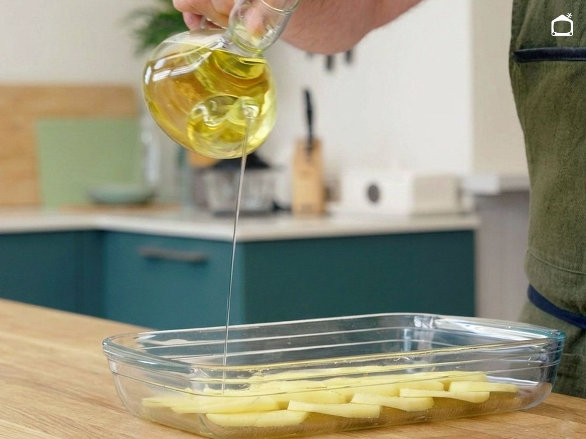 Corta las patatas en rodajas y cocínalas en el horno