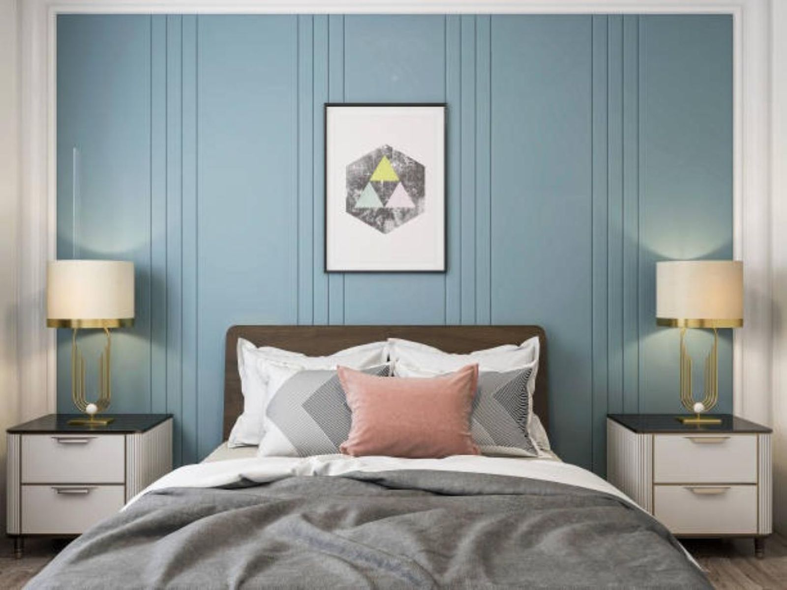 Dormitorio acogedor con decoración en tonos fríos. Dormitorio acogedor con decoración en tonos fríos.