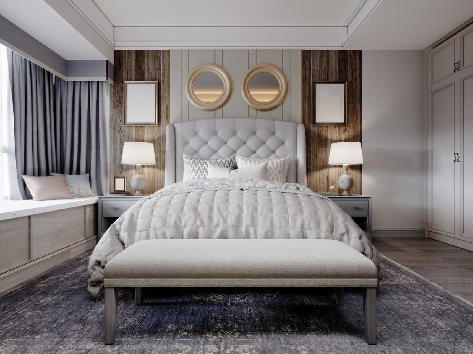 Dormitorio con decoración clásica y elegante.
