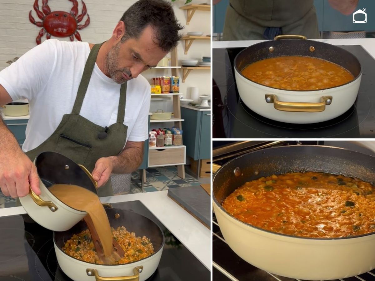 Añade el caldo y termina la cocción del arroz en el horno