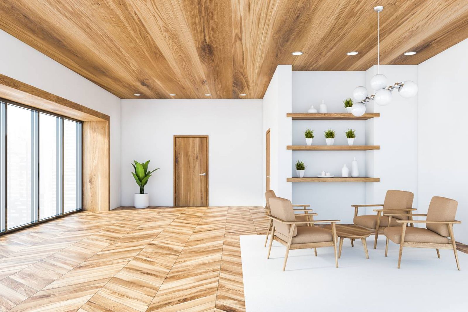Comedor moderno con techo de listones de madera. Comedor moderno con techo de listones de madera.