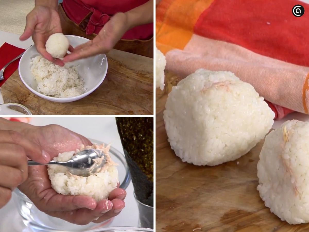 Haz las bolas de arroz, rellénalas y ciérralas