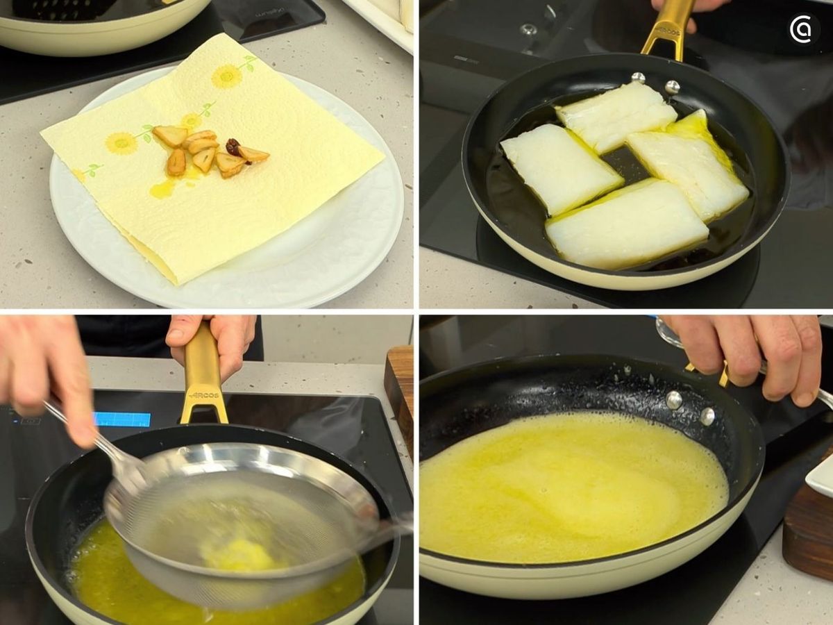 Confita el bacalao lentamente y haz la salsa pilpil, emulsionando el aceite