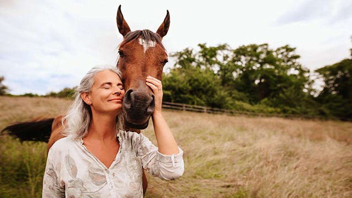 Caballo mimoso junto a una mujer