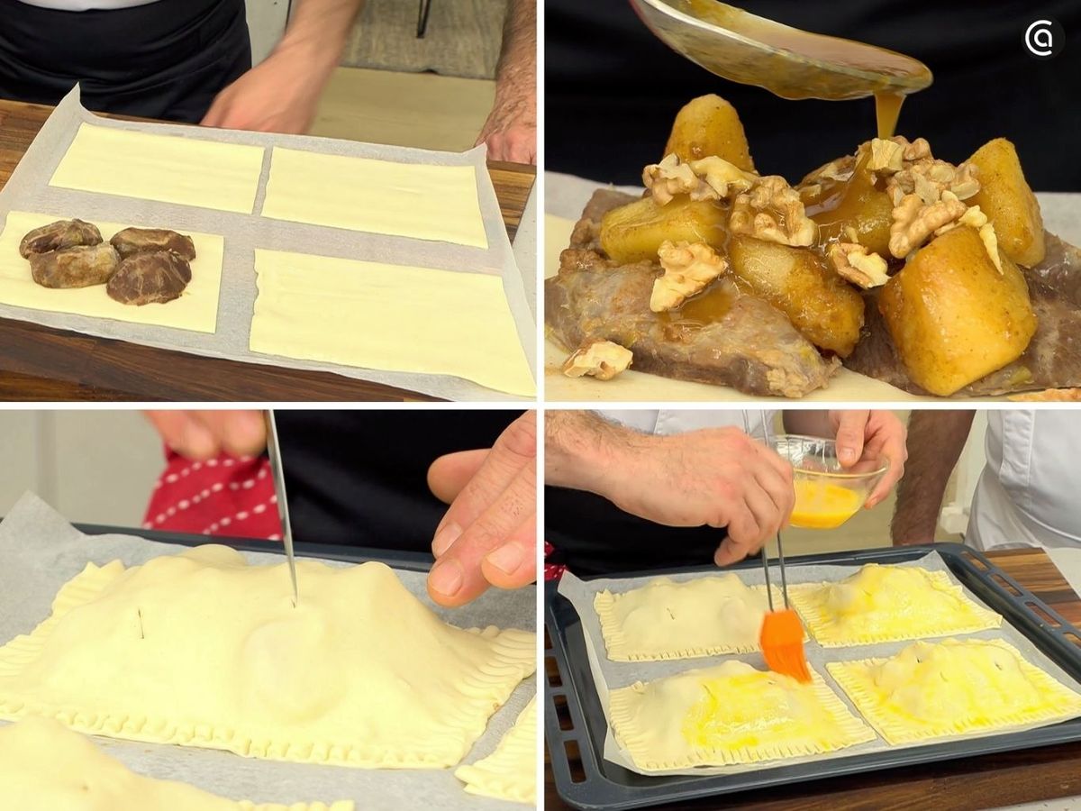 Rellena el hojaldre con las carrilleras y la manzana caramelizada