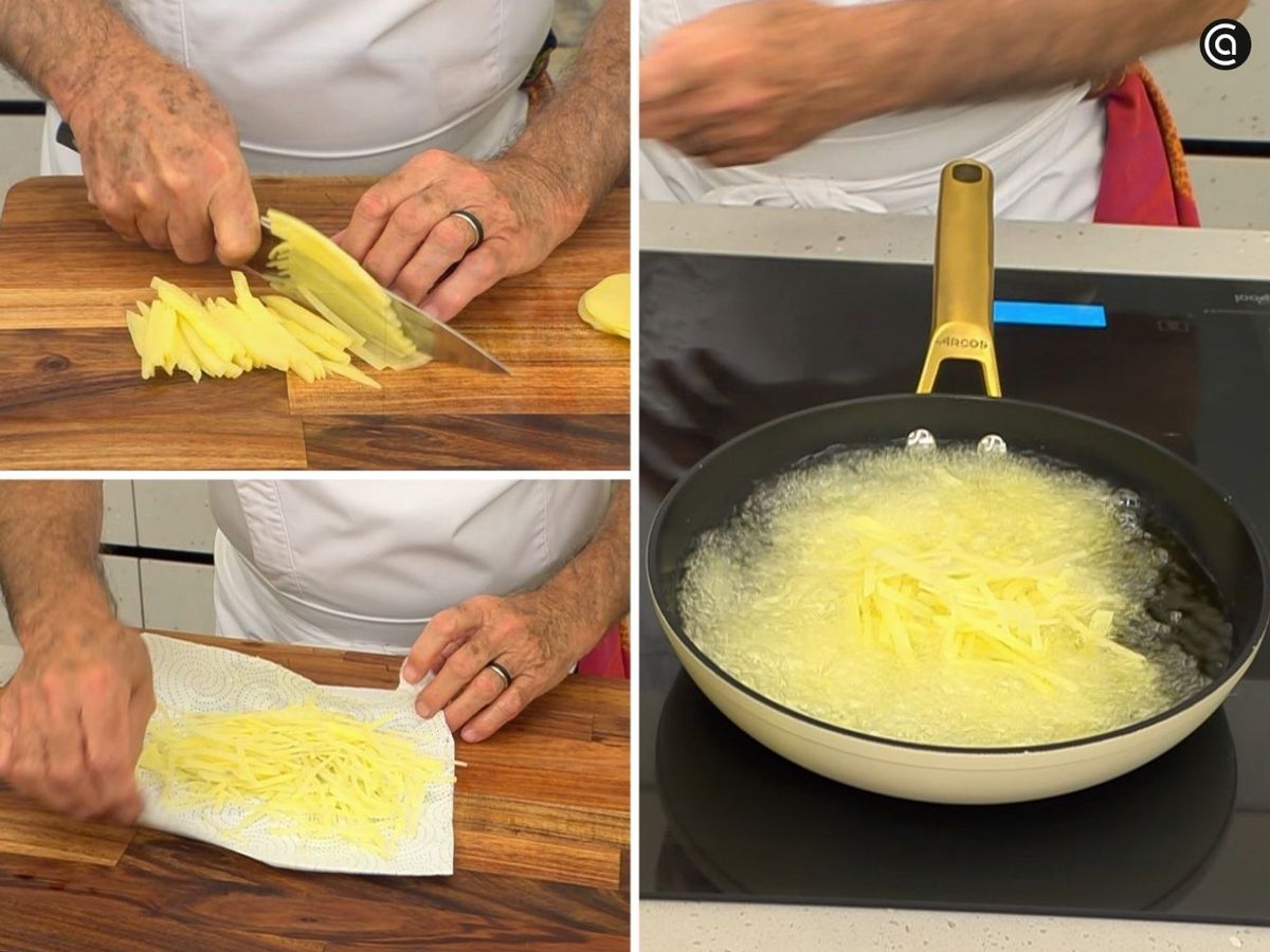 Corta las patatas finamente y fríelas