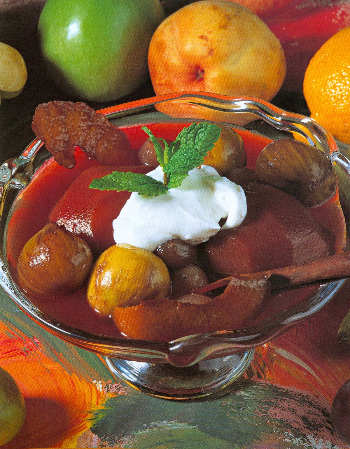 Uvas, higos y melocotones al vino tinto