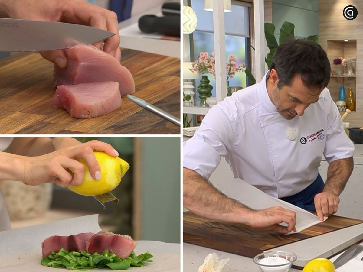 Monta los papillotes con el bonito y las verduras, y hornéalos
