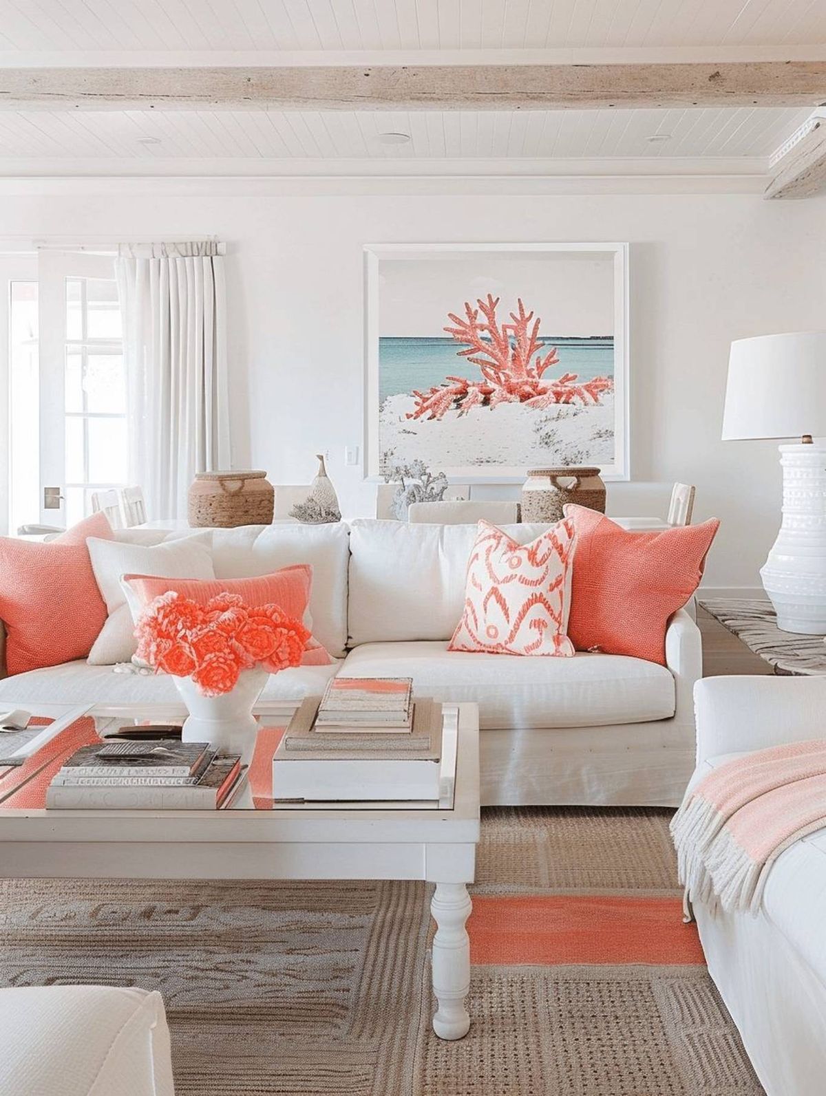 Salón coastal en color coral.