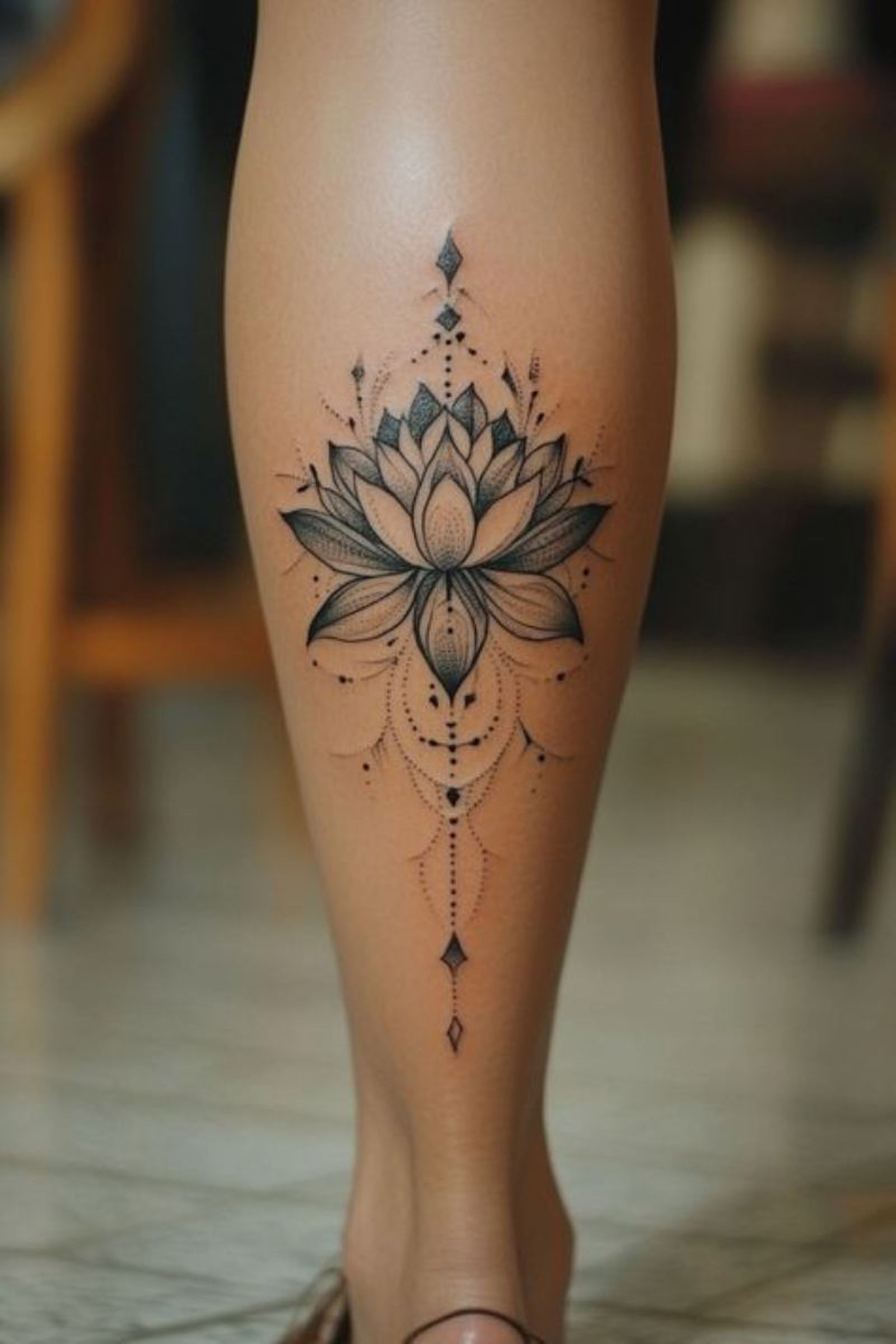 Tatuaje de una flor de loto en la pantorrilla Tatuaje de una flor de loto en la pantorrilla