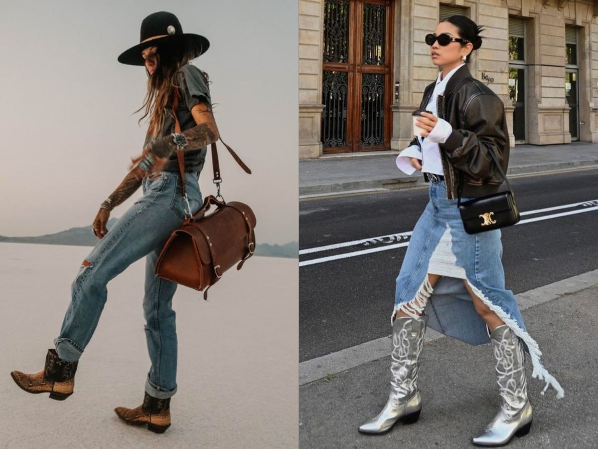 Botas de cowboy con vaquero tipo boyfriend y falda vaquera