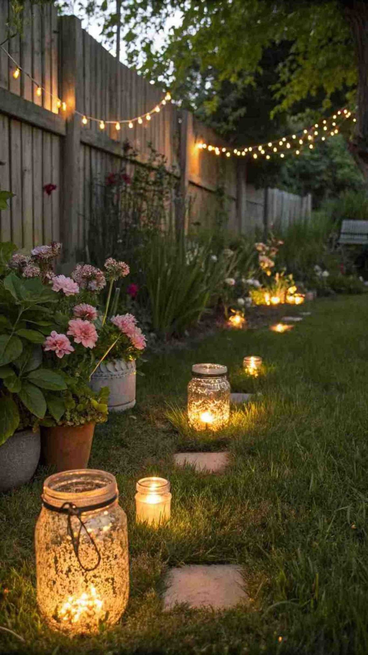 Tarros de cristal con pequeñas velas en su interior.