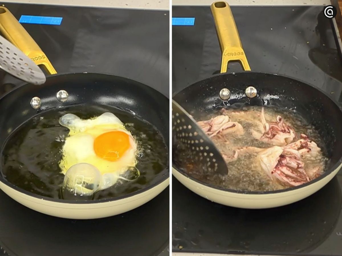 Fríe los huevos y saltea los tentáculos de los calamares