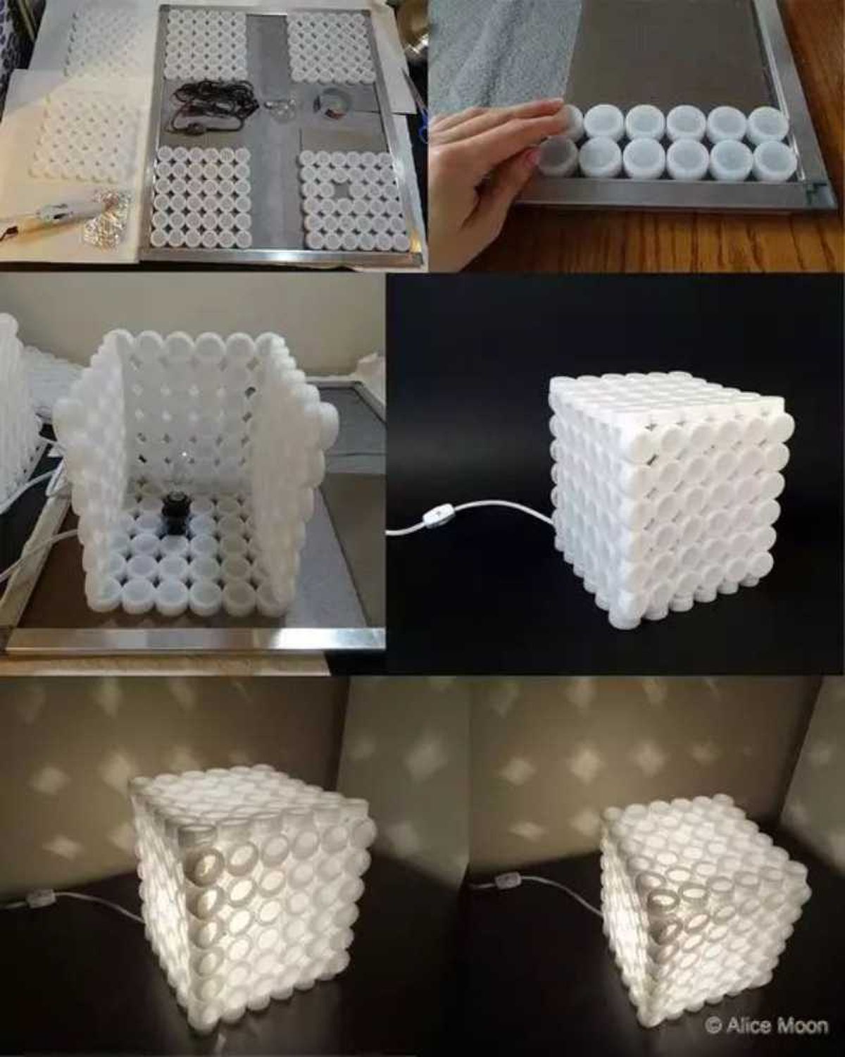 Lámpara cubo hecha con tapones de plástico.