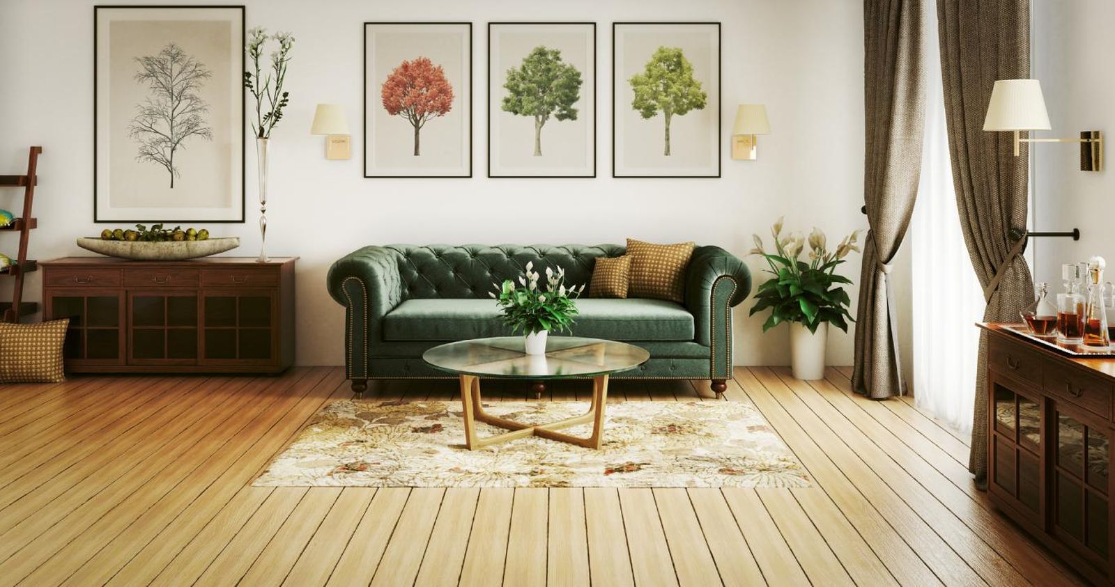 Las ilustraciones vegetales aportan un toque natural a un salón con sofá verde.