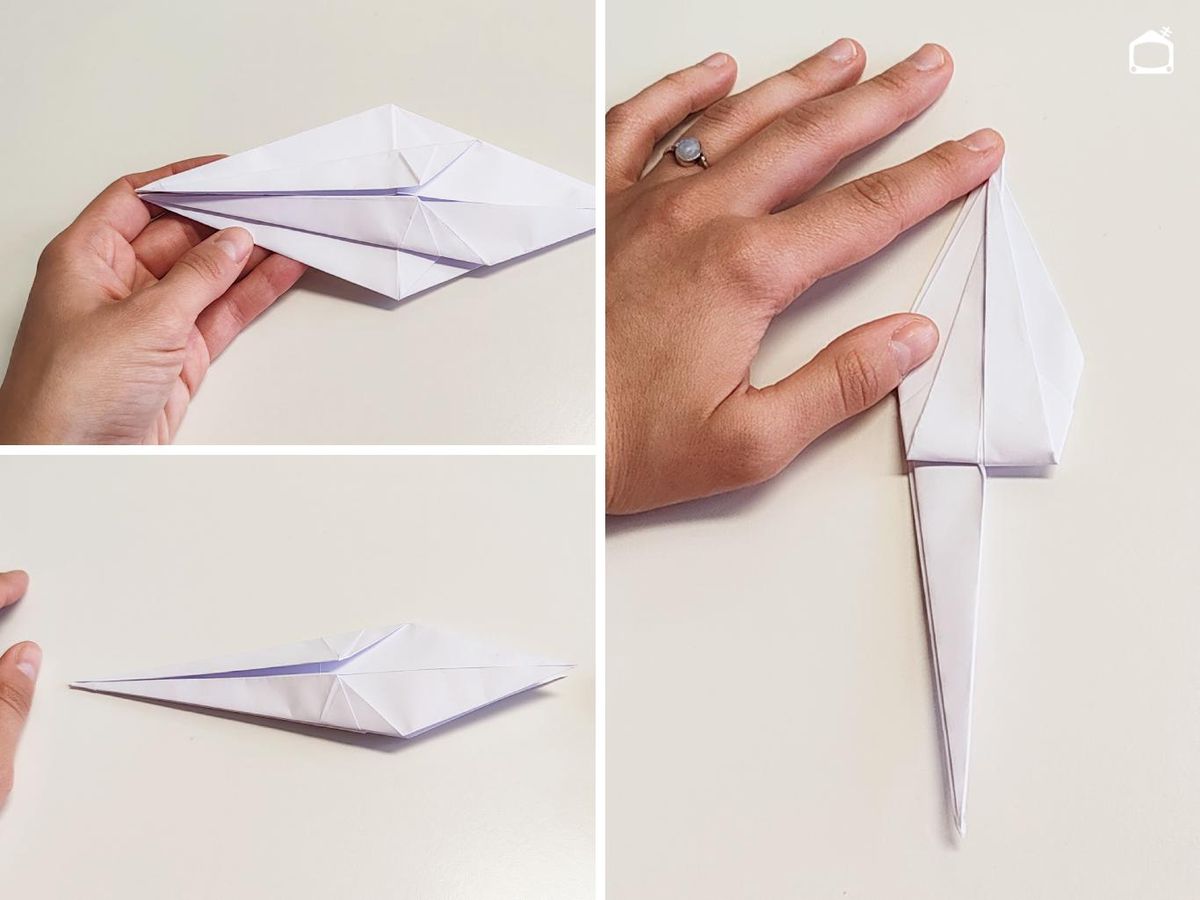 Quinto paso para hacer una grulla de papel.