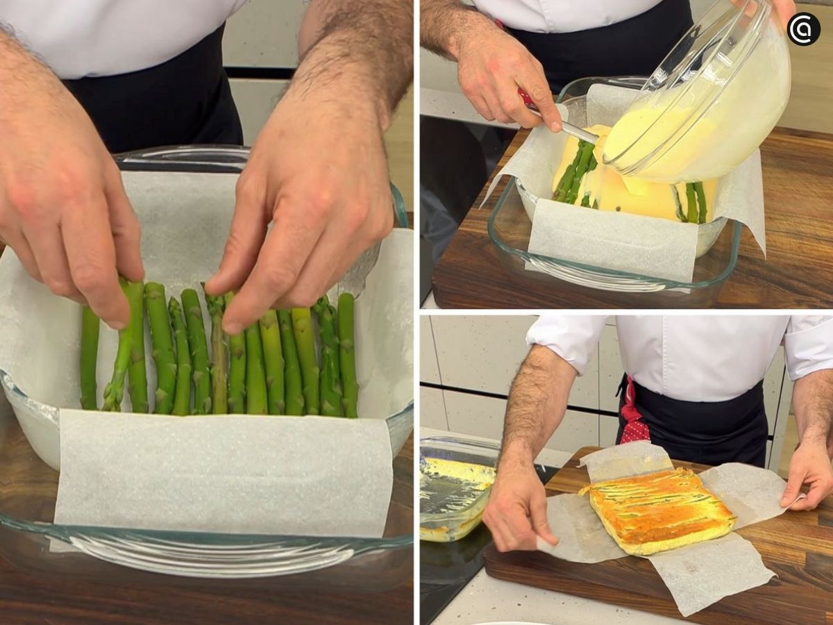 Vierte la mezcla con los espárragos verdes en un molde y hornea al baño maría