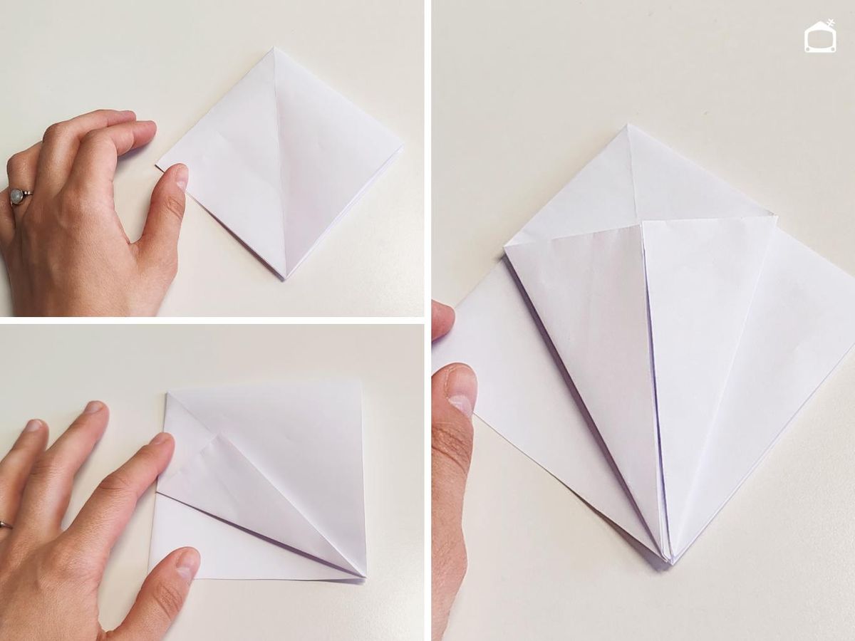 Tercer paso para hacer una grulla de papel.