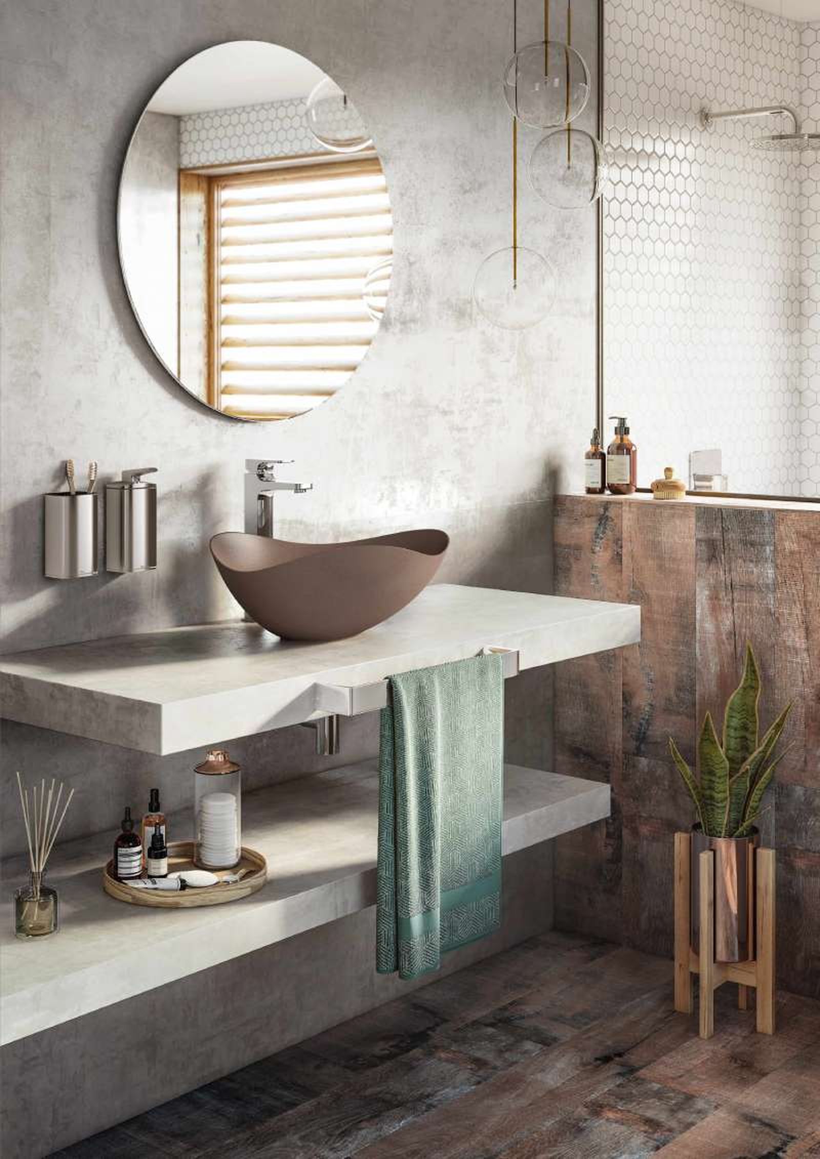 Baño elegante con espejo redondo colocado según el feng shui.