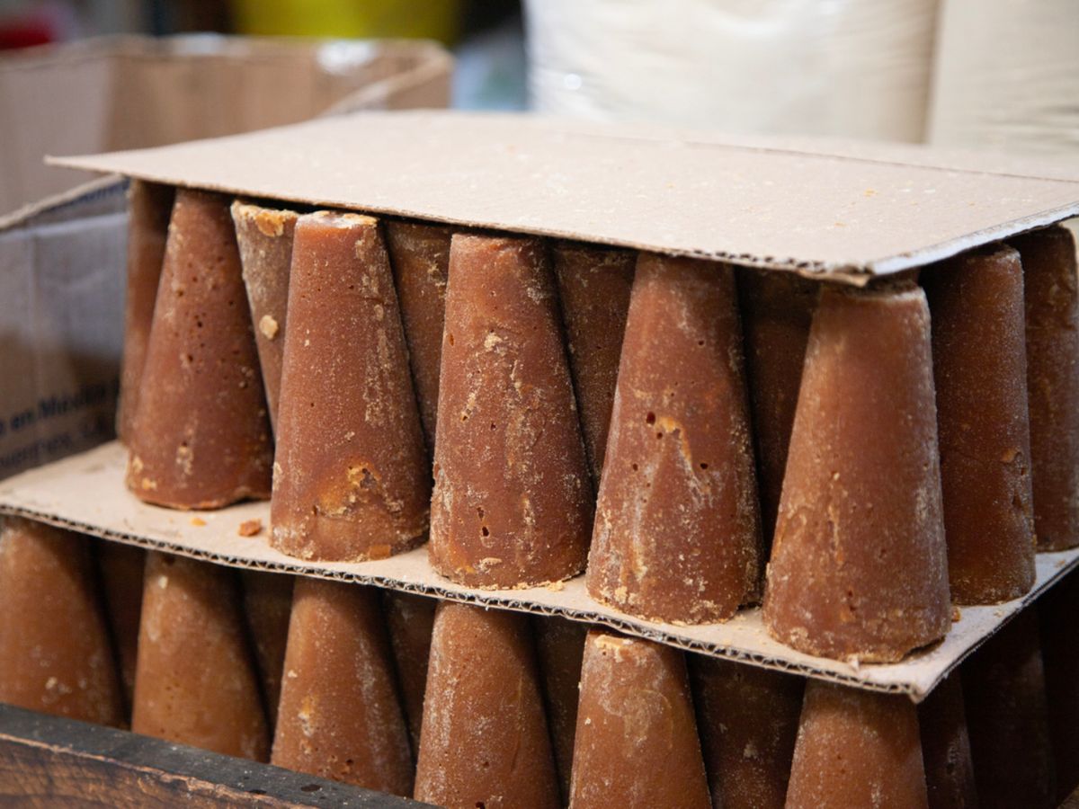 Presentación típica de la panela en forma de conos o bloques, lista para su distribución en mercados locales o exportación.