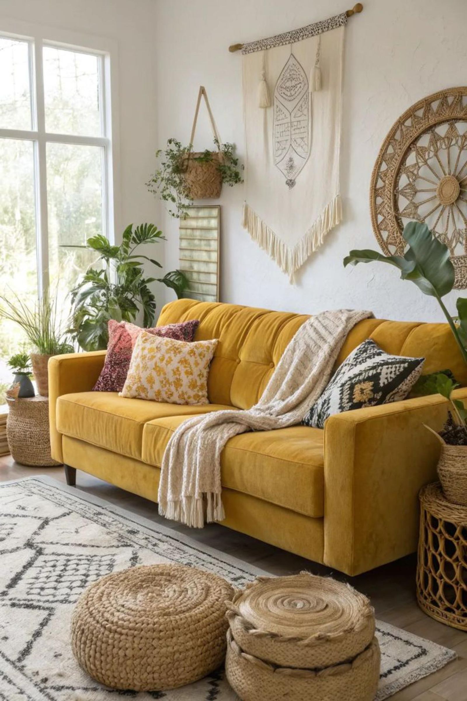 Salón con suelo de madera y sofá mostaza. Salón con suelo de madera y sofá mostaza.