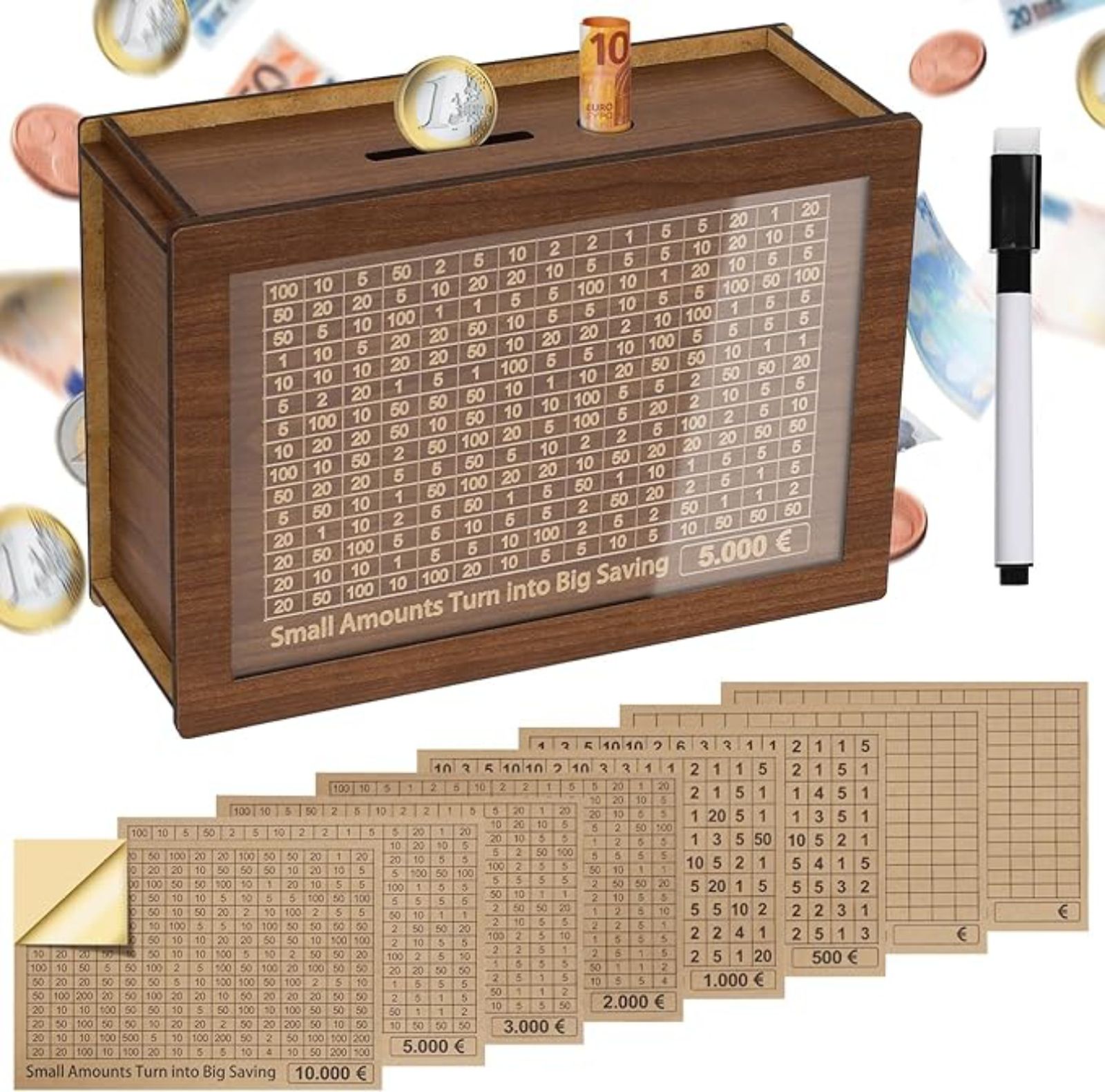 Con la caja de ahorro de madera tú eliges qué cantidad ahorrar cada día Con la caja de ahorro de madera tú eliges qué cantidad ahorrar cada día