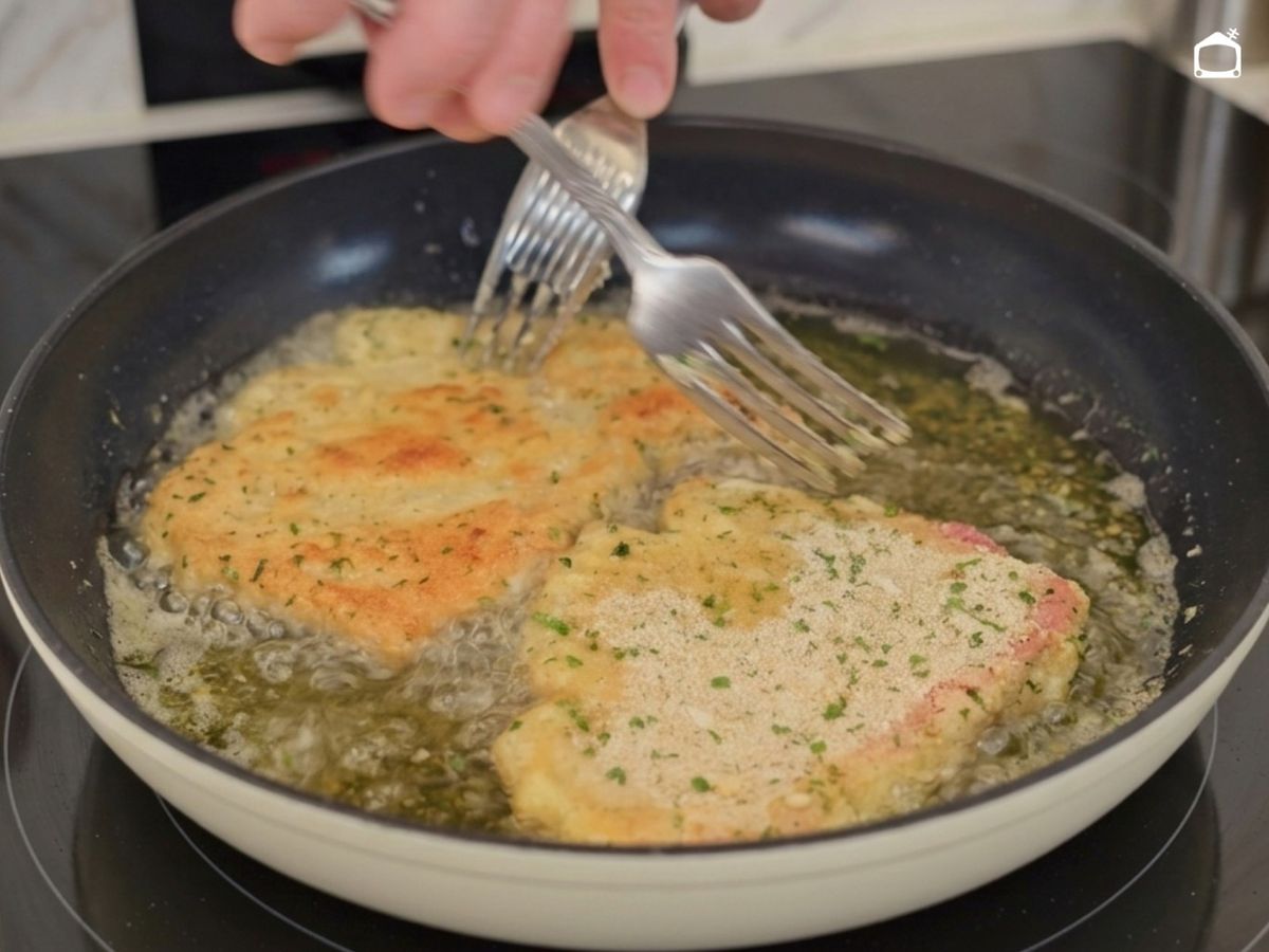 Cocina las chuletas de cerdo empanadas en aceite caliente