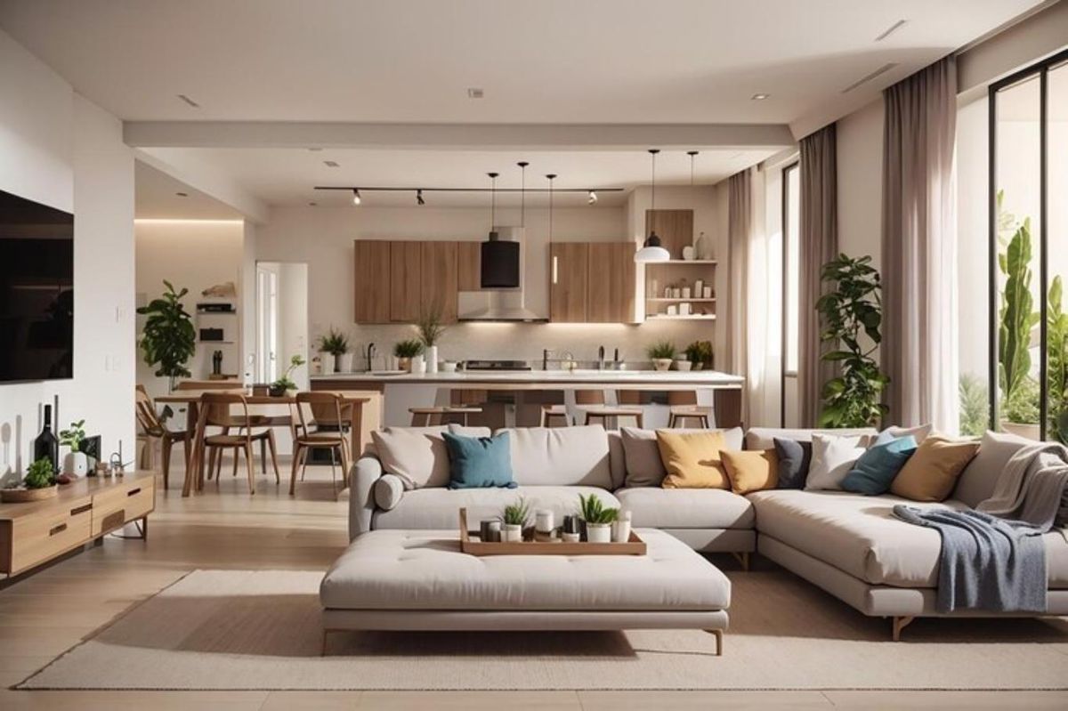 Salón bonito con distribución fluida.