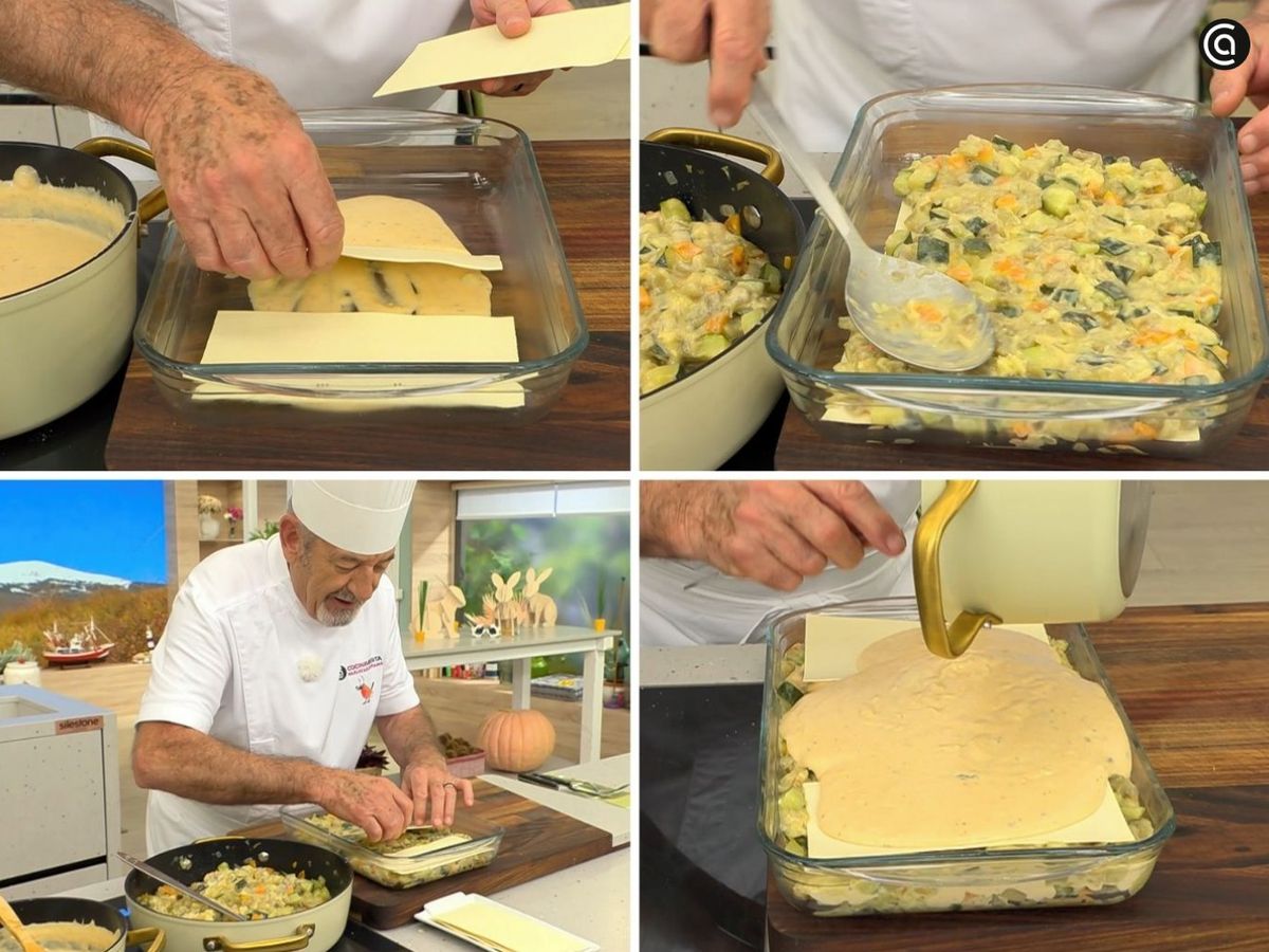 Forma la lasaña alternando capas de hortalizas con las placas de pasta y hornéala