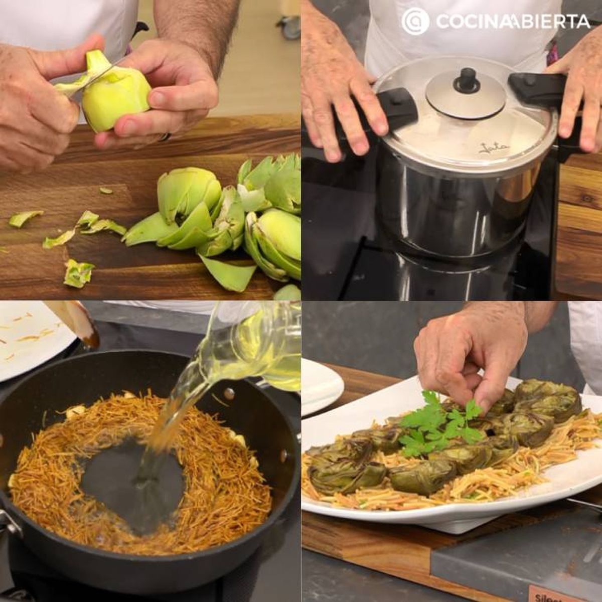 fideos al ajillo con alcachofas receta pasos