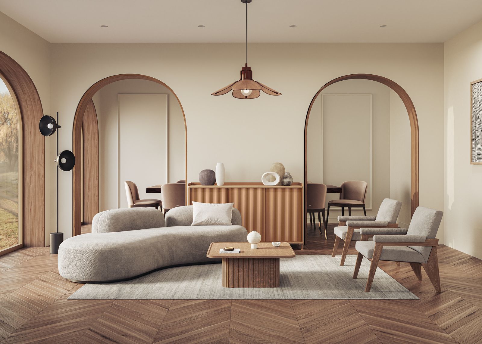 Integrar muebles curvilíneos y maderas oscuras aporta un aspecto elegante y moderno