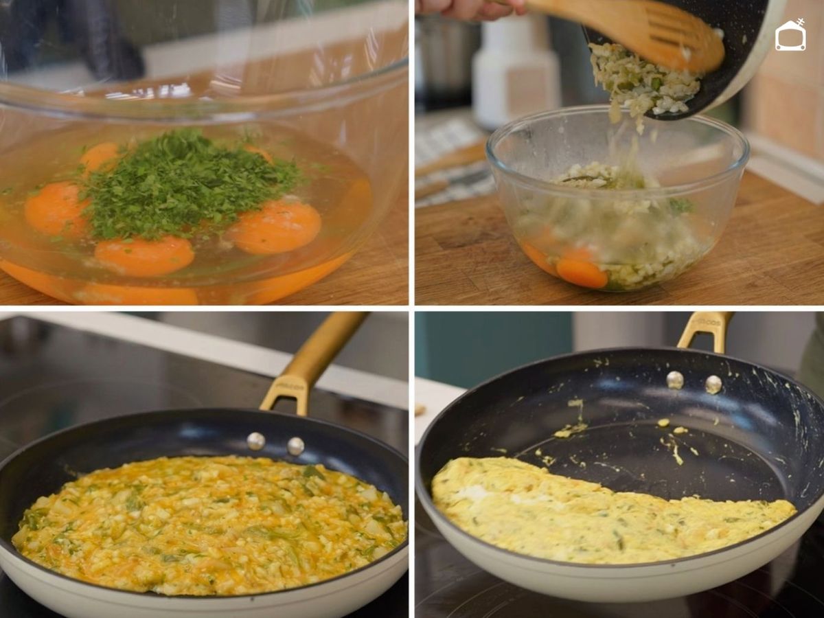 Mezcla los huevos con el bacalao y las hortalizas y vierte la mezcla en una sartén