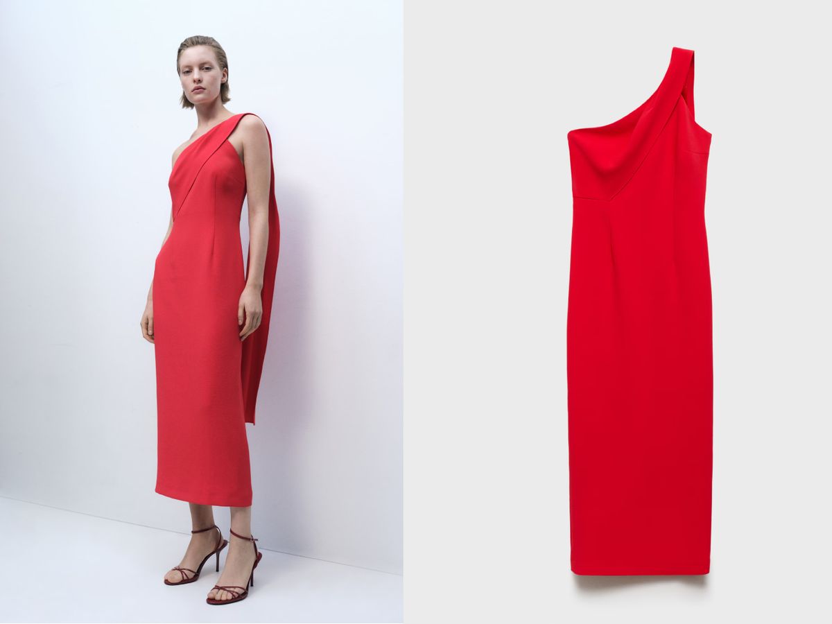 Vestido asimétrico cuello foulard / Fotos: Mango