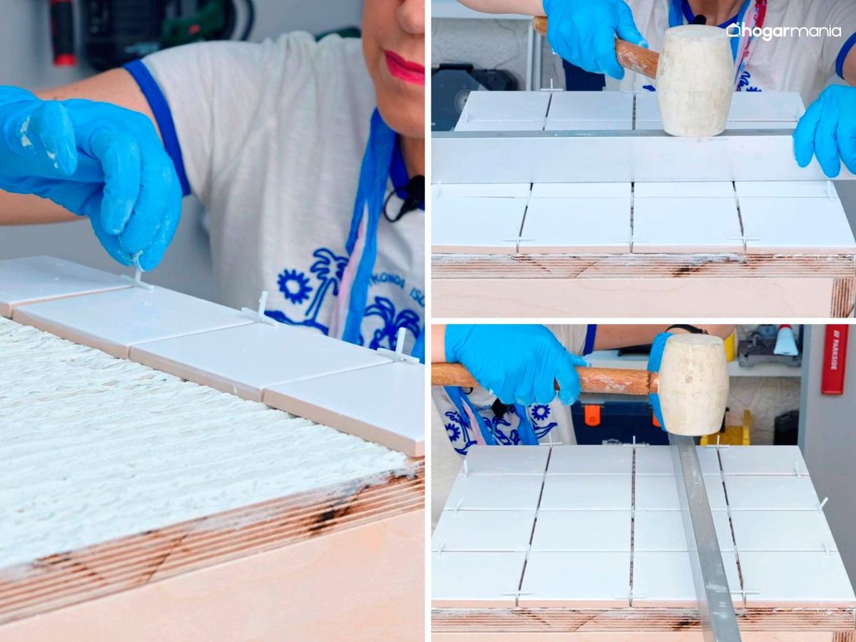 Fija los azulejos a la mesa y alinéalos bien