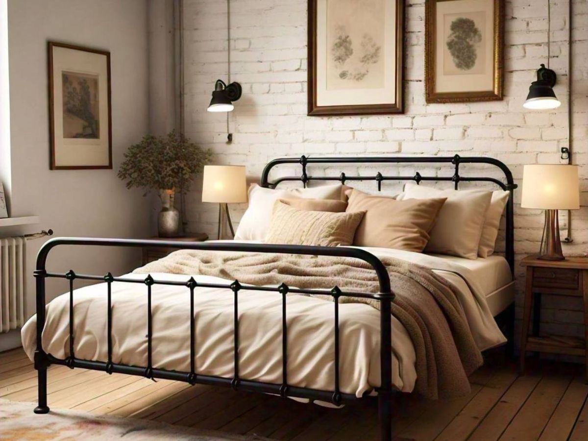 Lámparas cálidas y detalles rústicos realzan el cabecero en este dormitorio de estilo industrial.