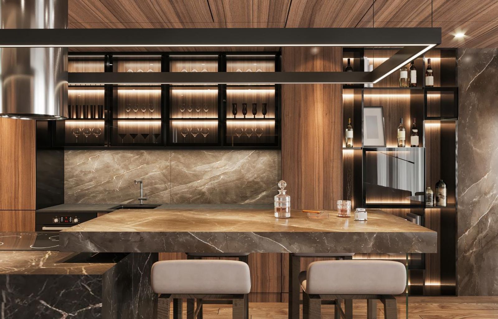 Cocina elegante con mueble con iluminación integrada. Cocina elegante con mueble con iluminación integrada.