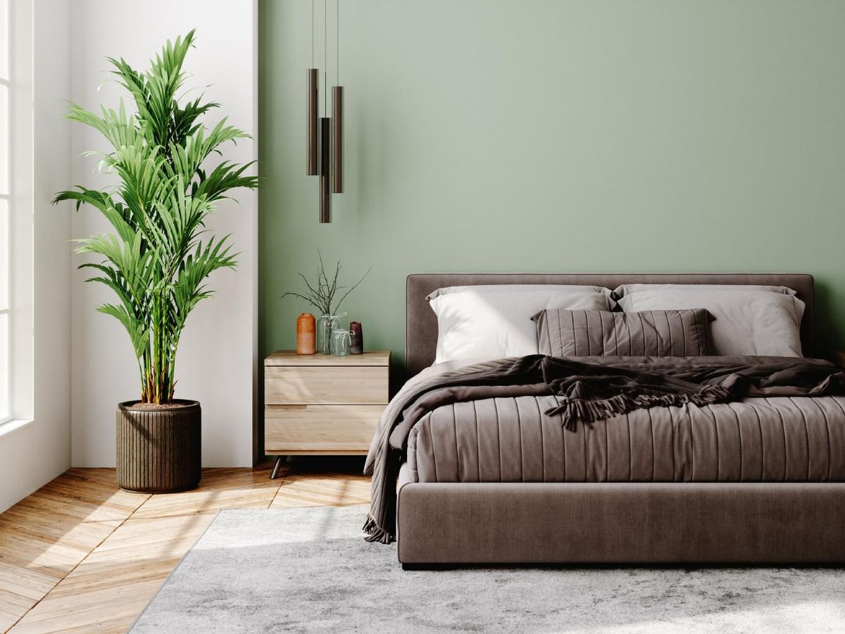 Dormitorio con suelo de madera, pared verde y textiles marrones.