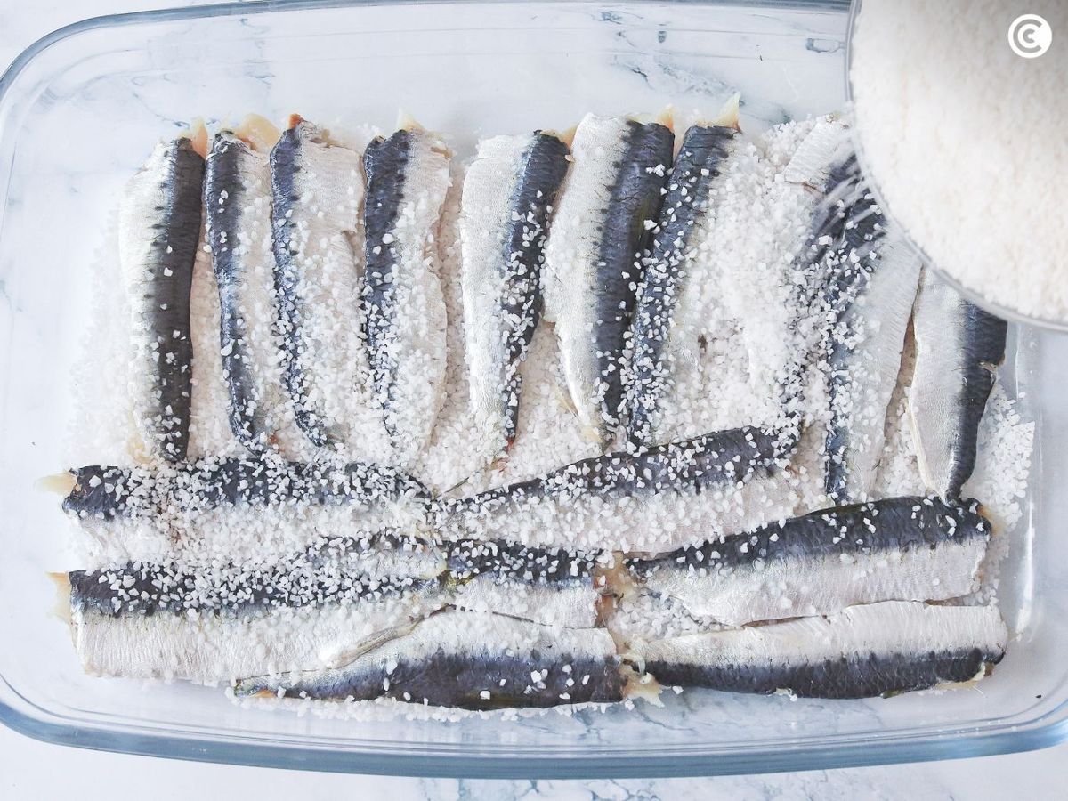 Cubrir las sardinas para hacer en salazón