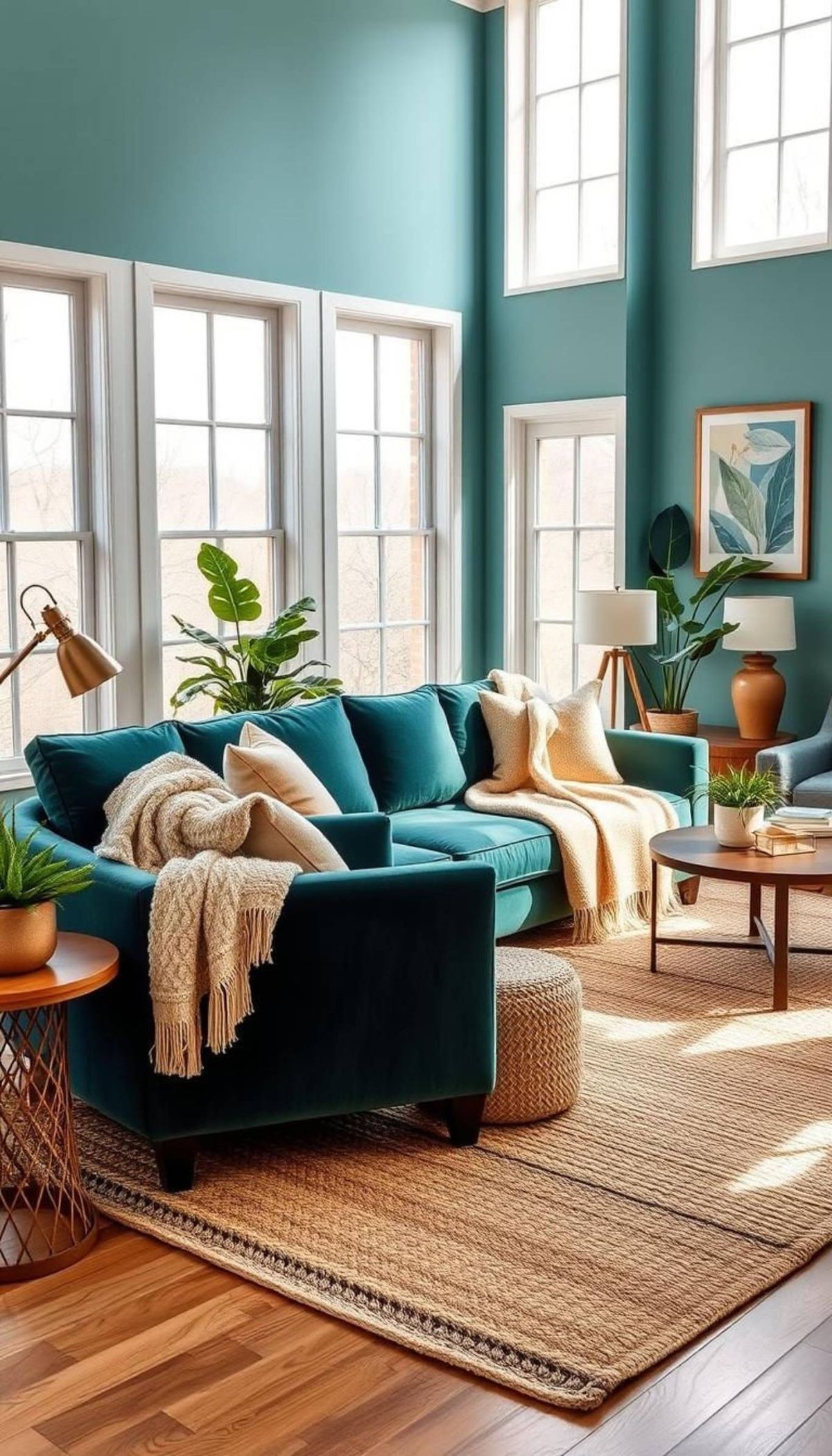 Sofá de color turquesa decorando salón.