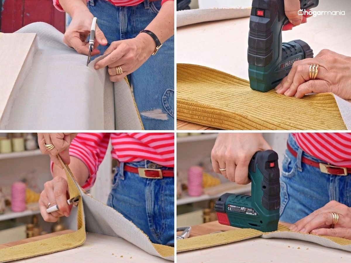 Ajusta y grapa la tela para tapizar al cabecero