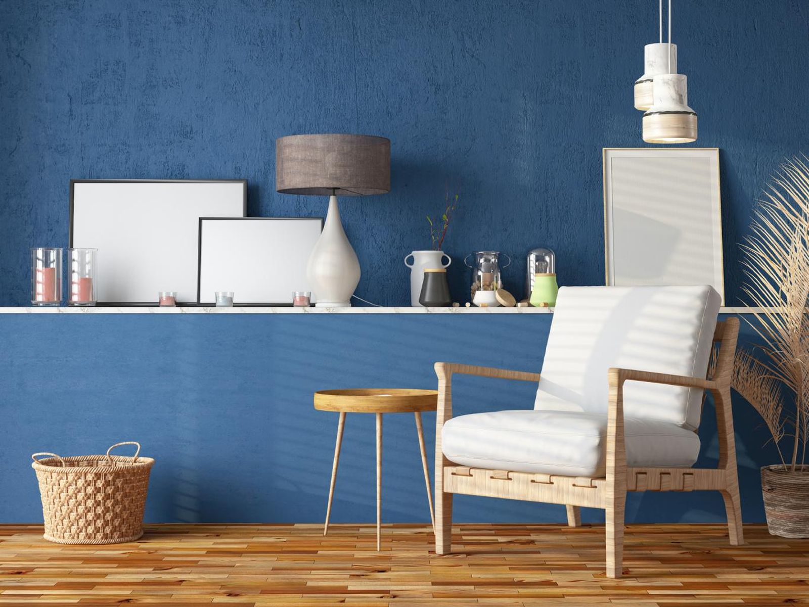 Rincón elegante del comedor decorado en azul y madera. Rincón elegante del comedor decorado en azul y madera.