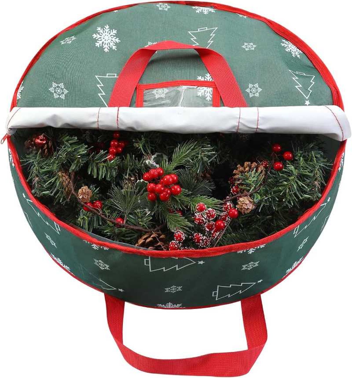 Bolsa de tela redonda para guardar las coronas navideñas.