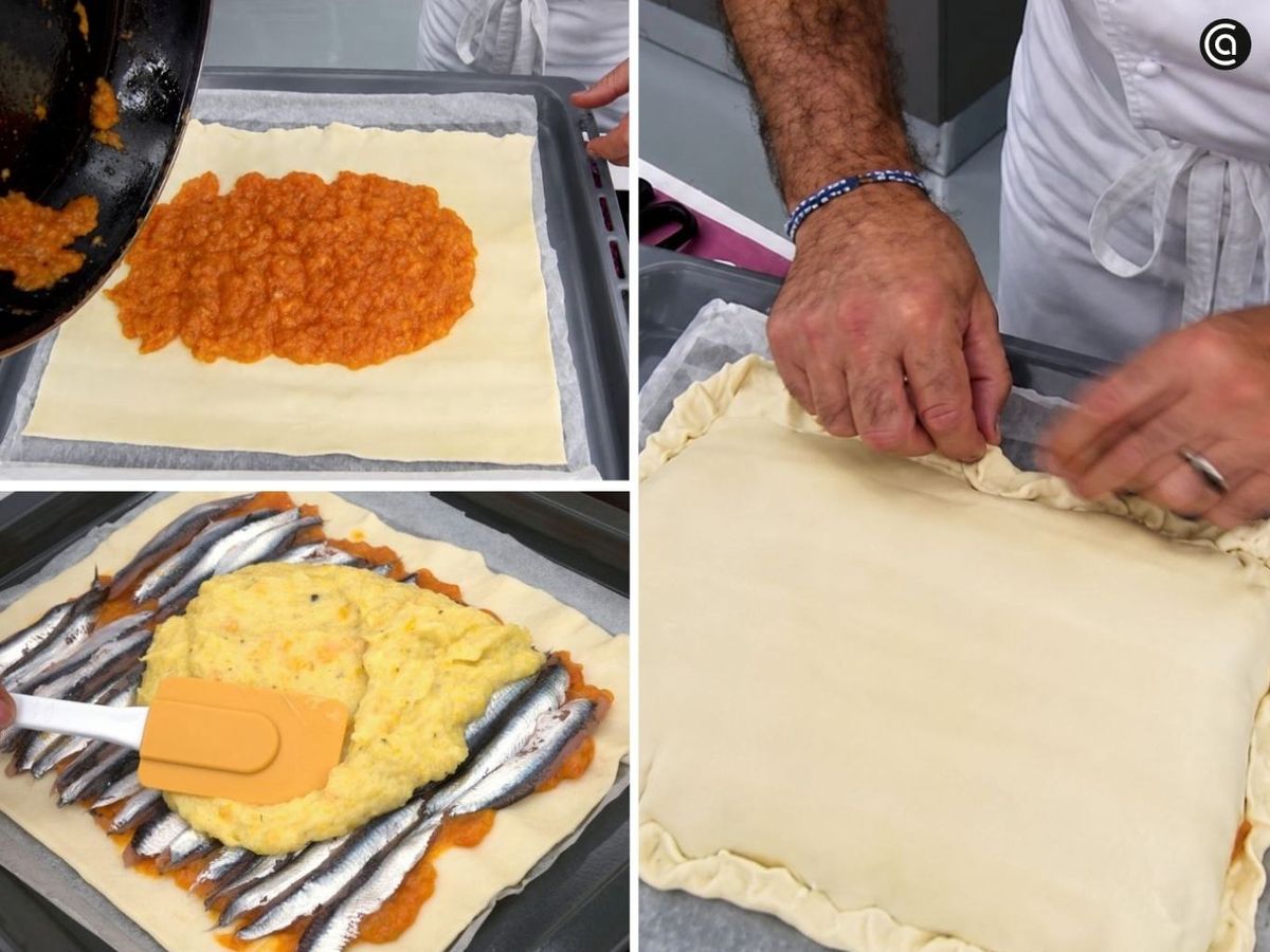 Rellena la empanada con tomate, las anchoas y las verduras en escabeche trituradas, y hornéala