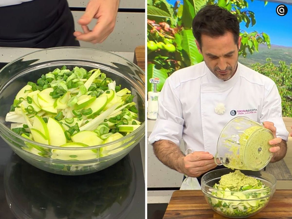 Pica los cogollos, las endibias y los tallos de cebolleta, y mézclalos con el pesto